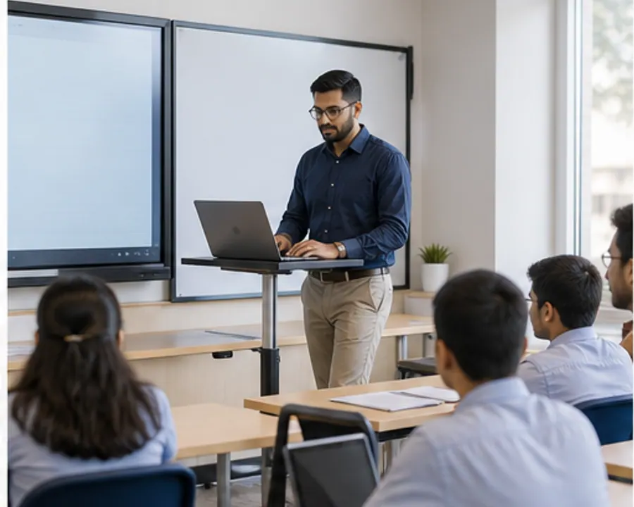 Educator using classroom technology with students and laptops