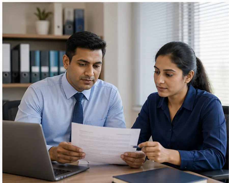 Insurance agency staff reviewing business documents beside a laptop