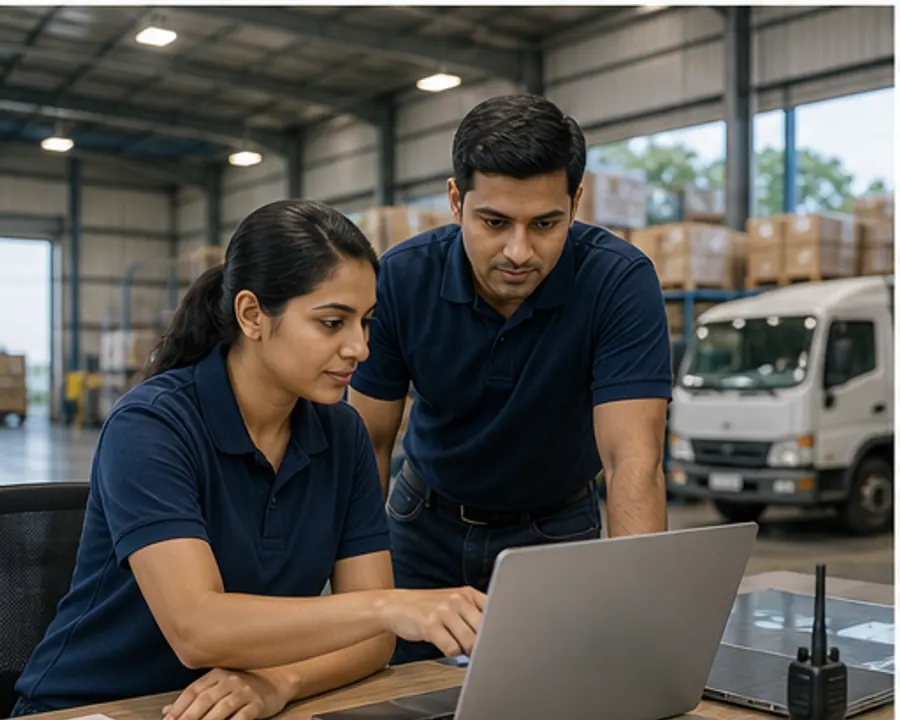 Logistics operations team coordinating work from a warehouse office