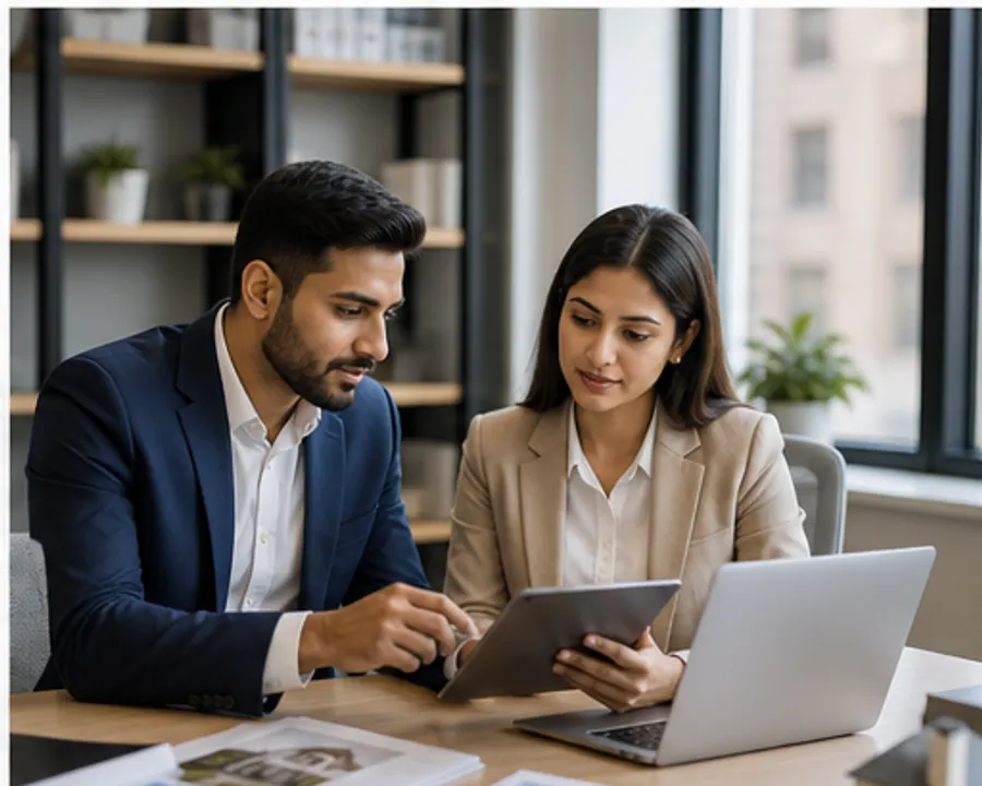 Real estate professionals reviewing property information on a tablet and laptop