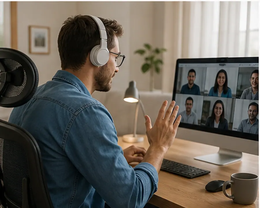 Remote professional joining a team video meeting from a home office