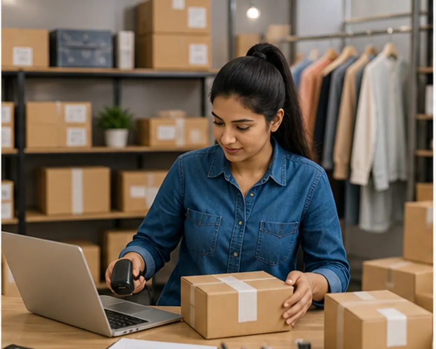 E-commerce operations professional processing orders beside inventory