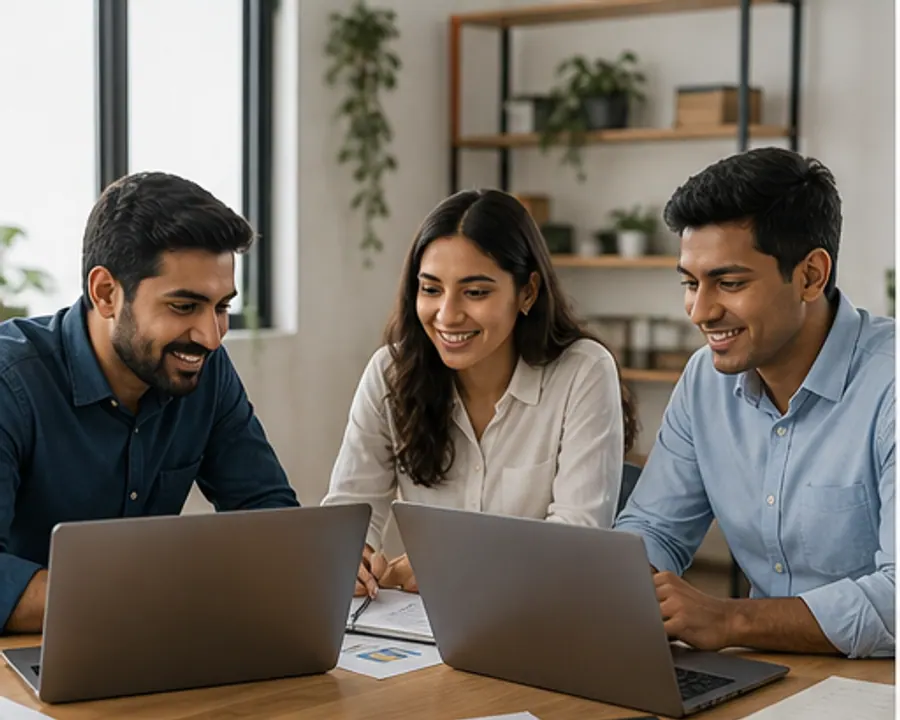 Small business team working together with laptops in an office