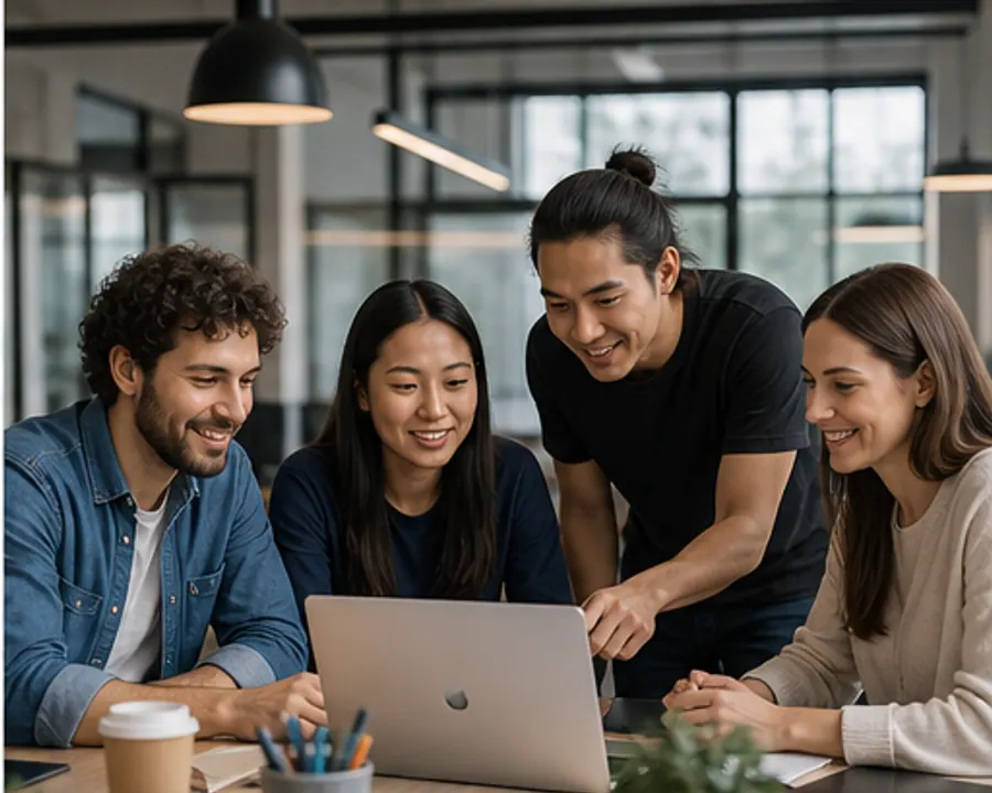 Startup team collaborating around a laptop in a modern workspace