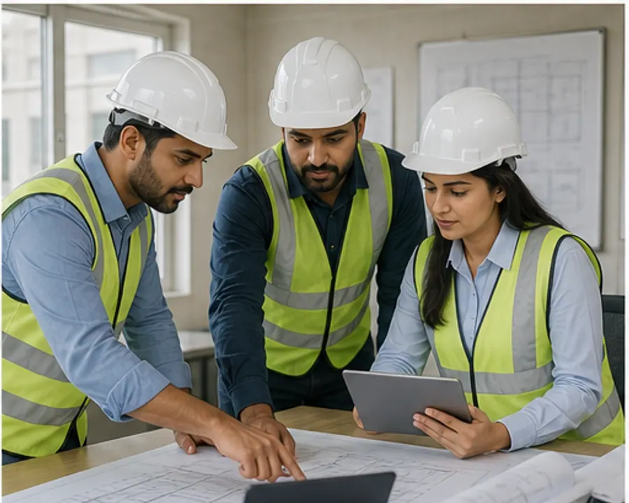 Construction project team reviewing plans with laptops and tablets