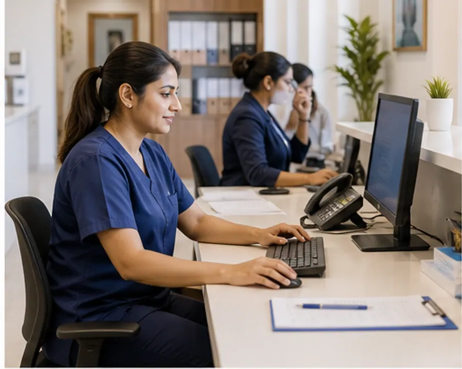 Healthcare clinic administrator working at a computer reception desk