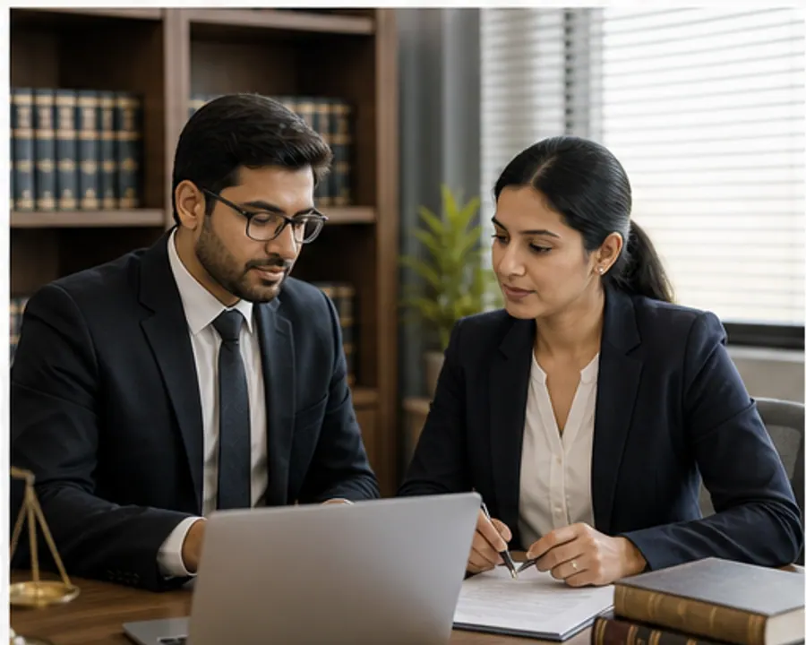 Legal professionals reviewing documents beside a business laptop