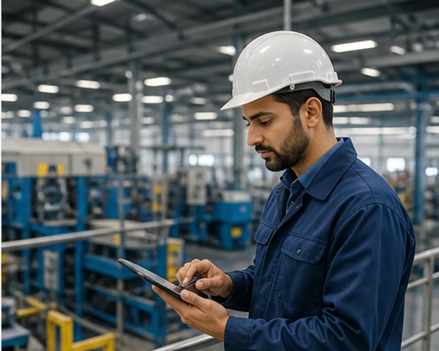 Manufacturing supervisor using a tablet on a modern factory floor